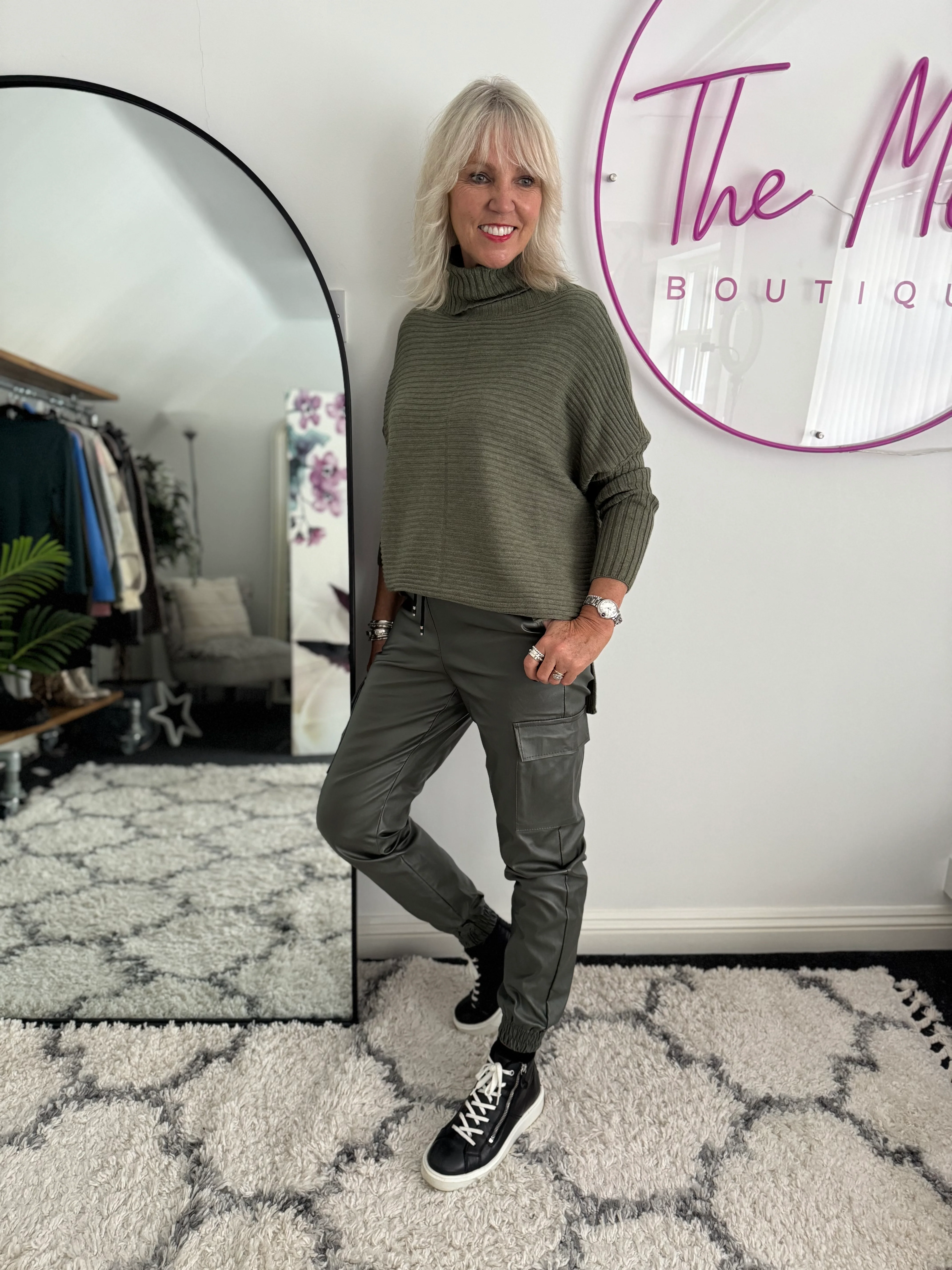 Leather Look Cargo Joggers in Khaki - Image 4