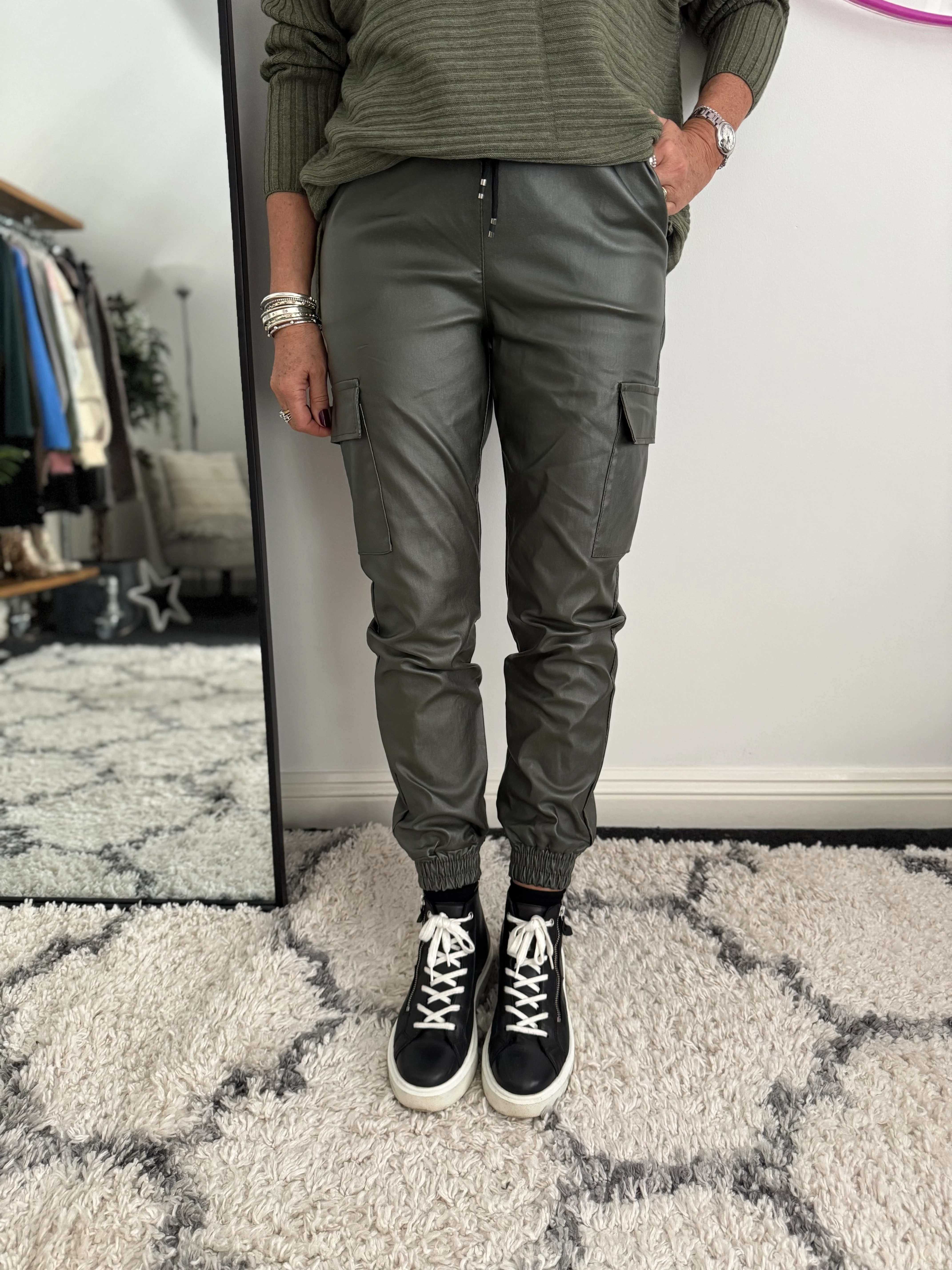 Leather Look Cargo Joggers in Khaki - Image 6
