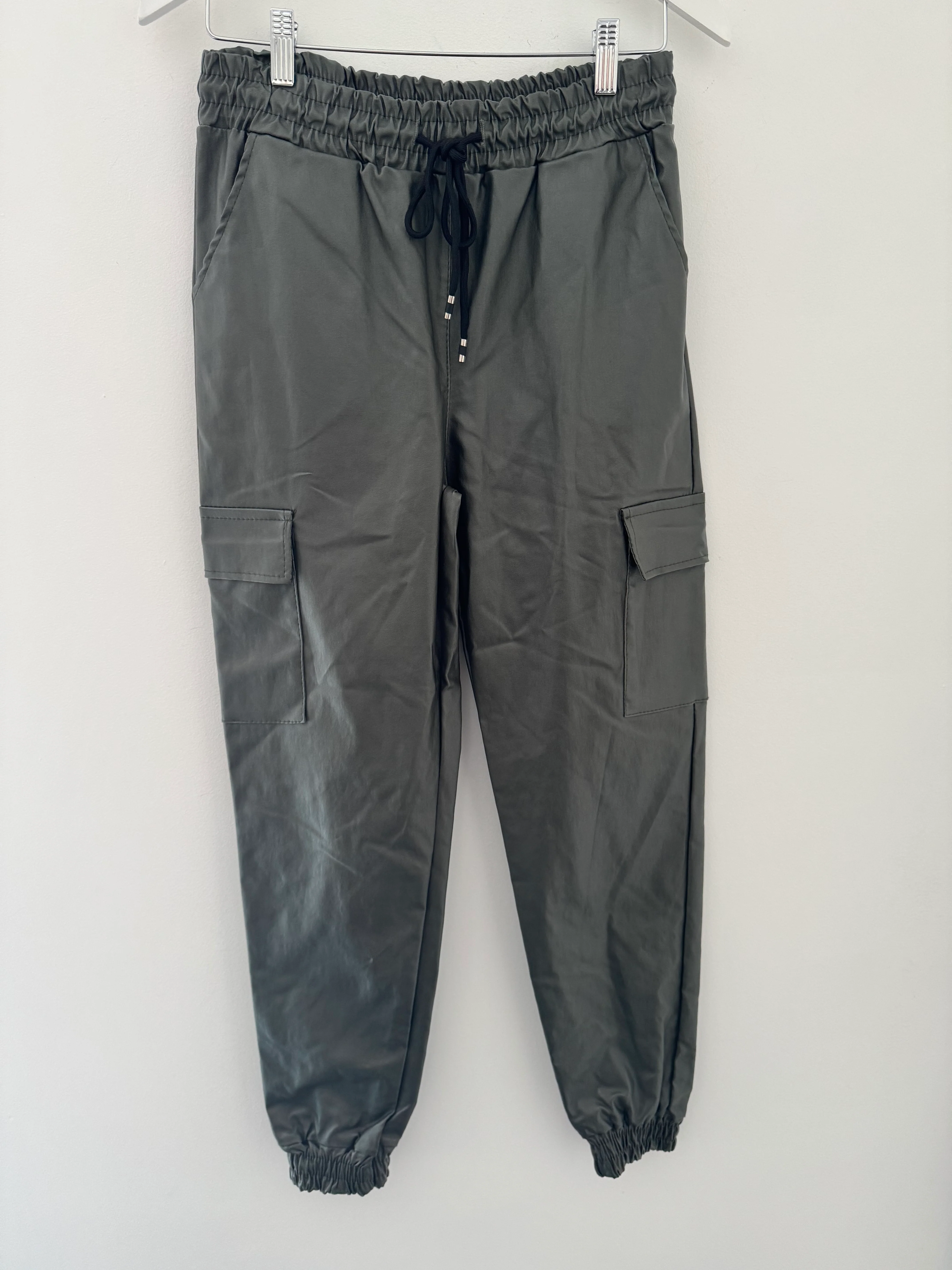 Leather Look Cargo Joggers in Khaki - Image 7