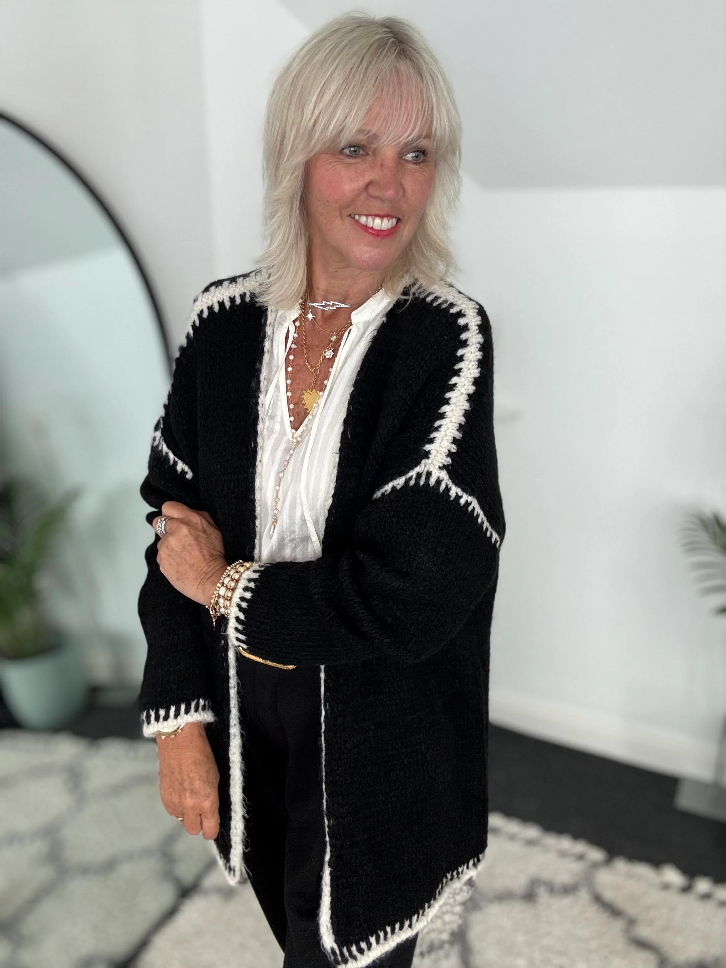 Whip Stitch Cardi in Black & Ecru - Image 3