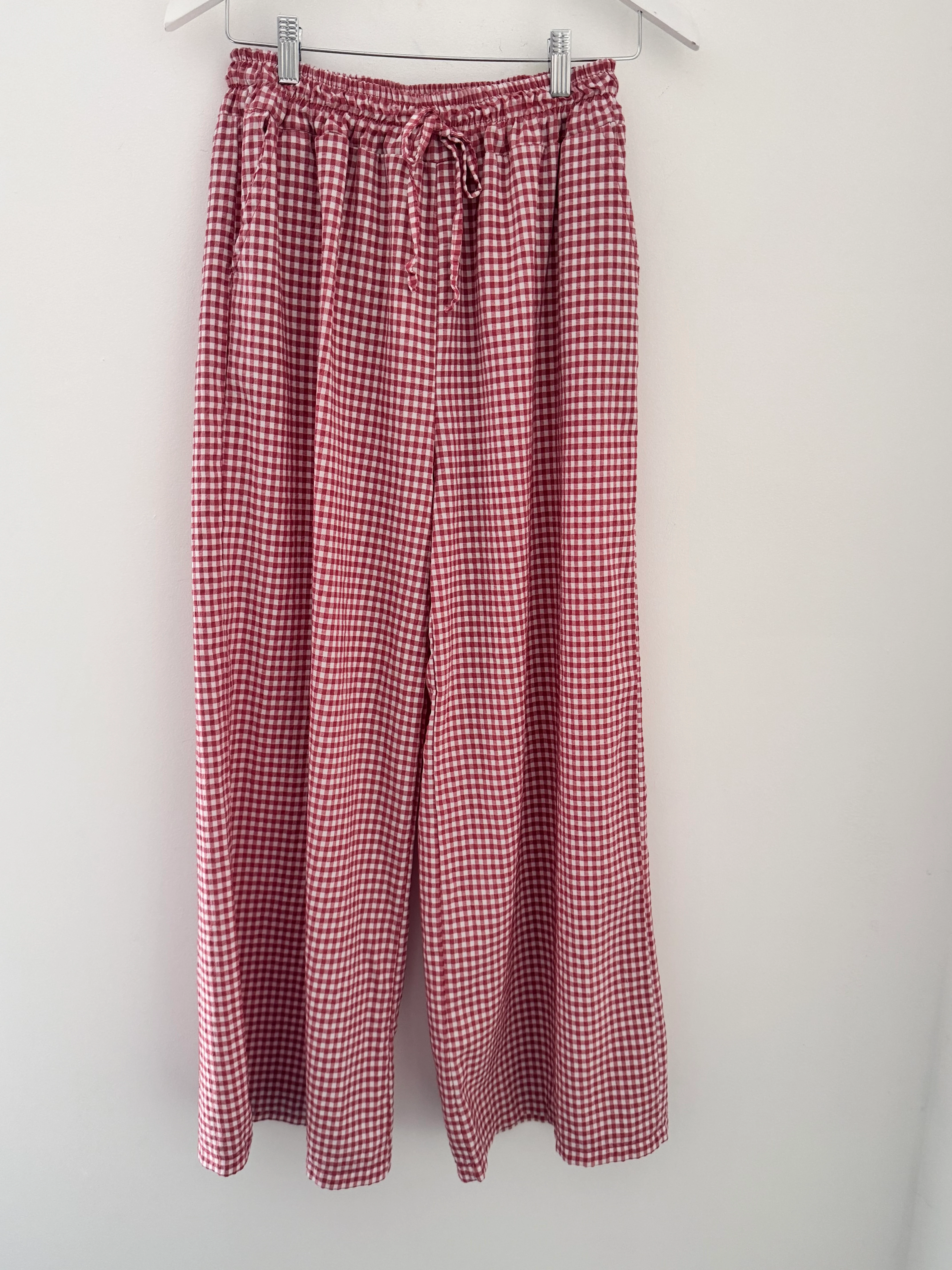 Wide Leg Check Trousers in Pomegranate - Image 10