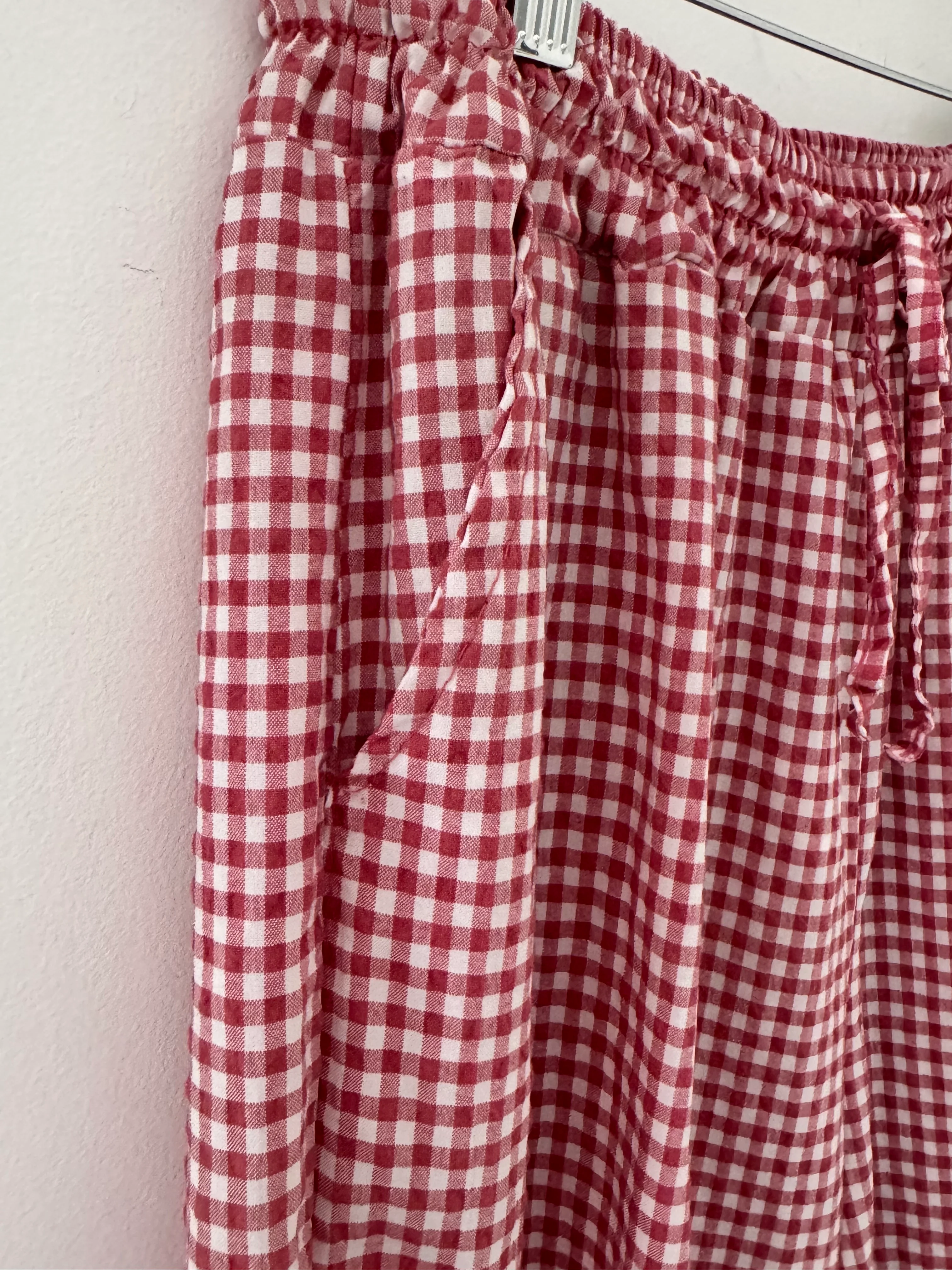 Wide Leg Check Trousers in Pomegranate - Image 11