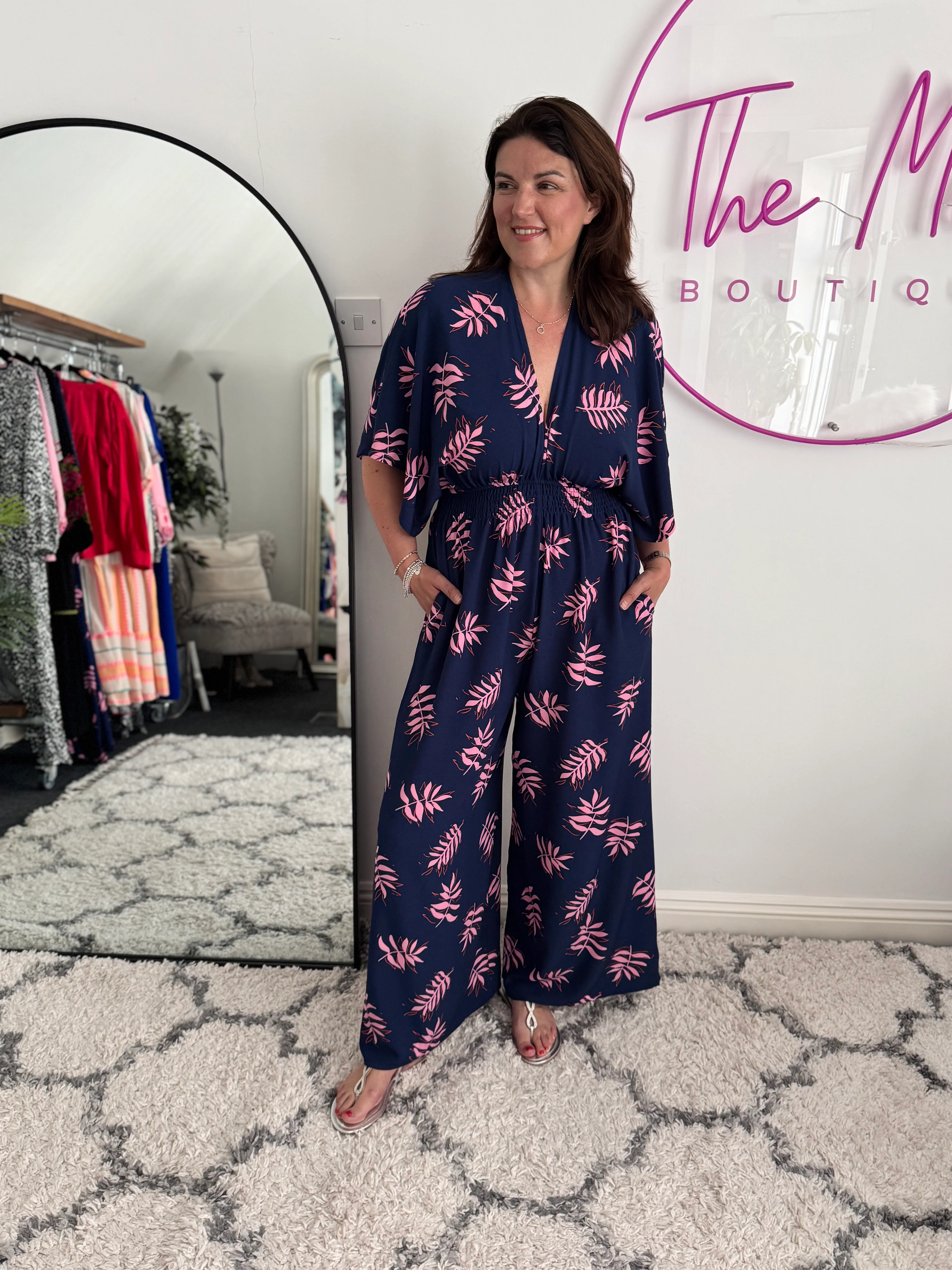 Wide Leg Jumpsuit in Navy & Pink - Image 3