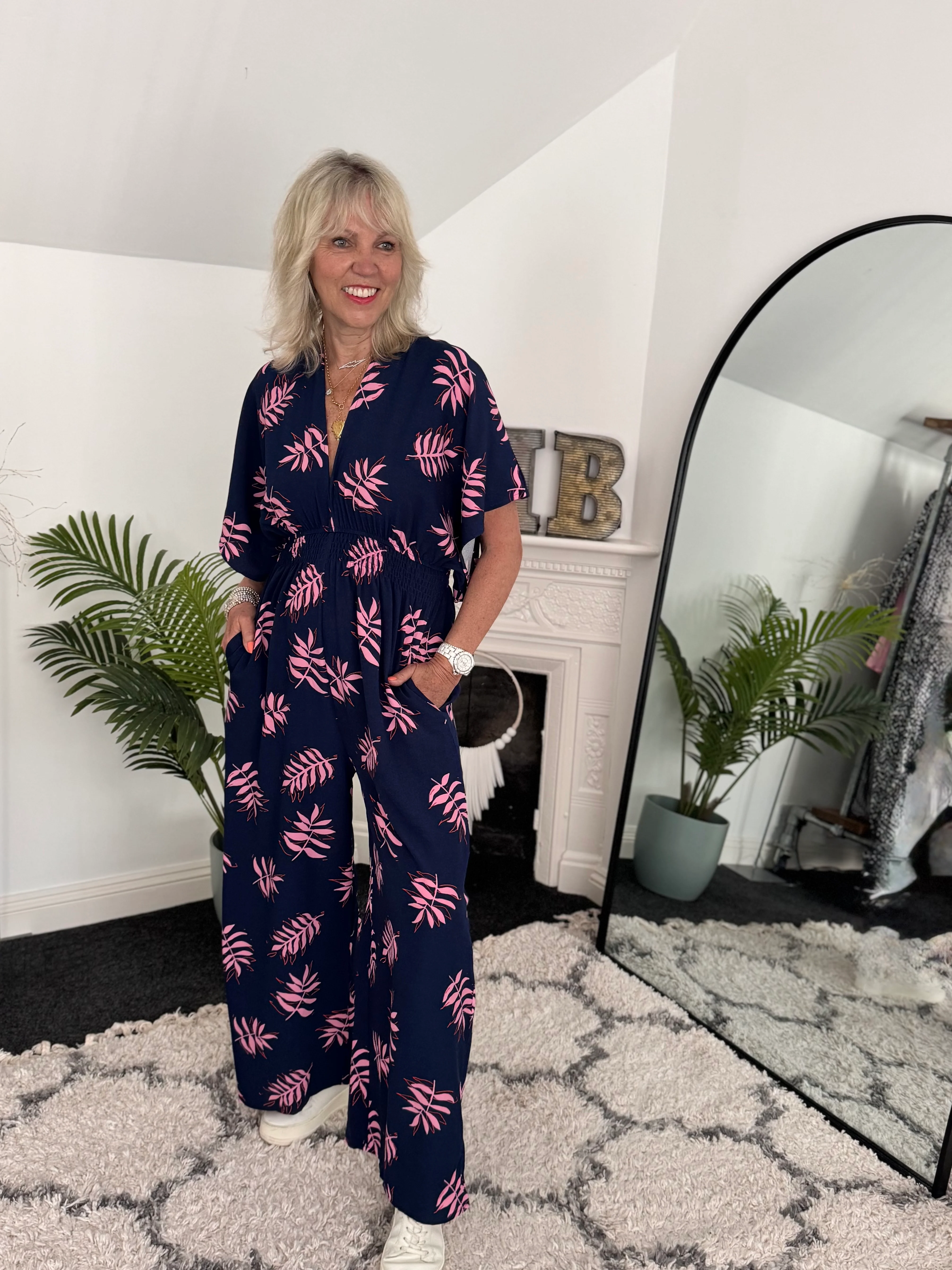 Wide Leg Jumpsuit in Navy & Pink - Image 4